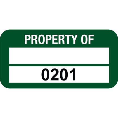 Lustre-Cal PROPERTY OF Label, Polyester Green 1.50in x 0.75in 1 Blank Pad & Serialized 0201-0300, 100PK 253772Pe2G0201